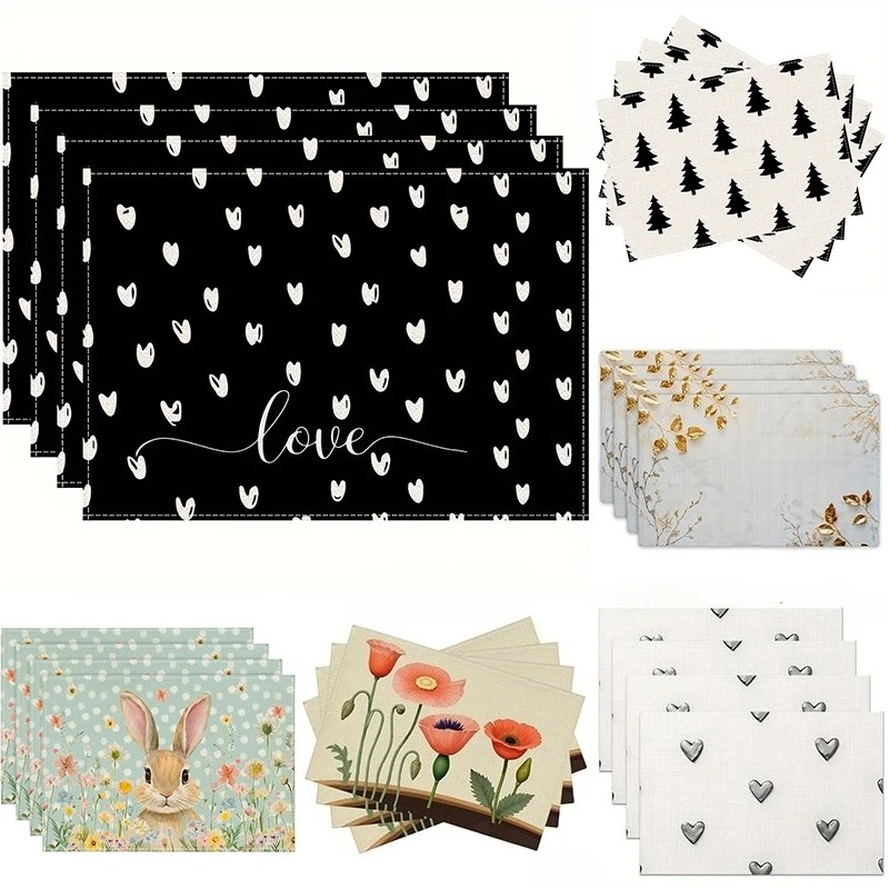 Spring Easter Table Placemats  Love Heart Bunny Poppy Flower Gold Leaf Tree Home Dining Table Decoration Mats 4/6/8PCS