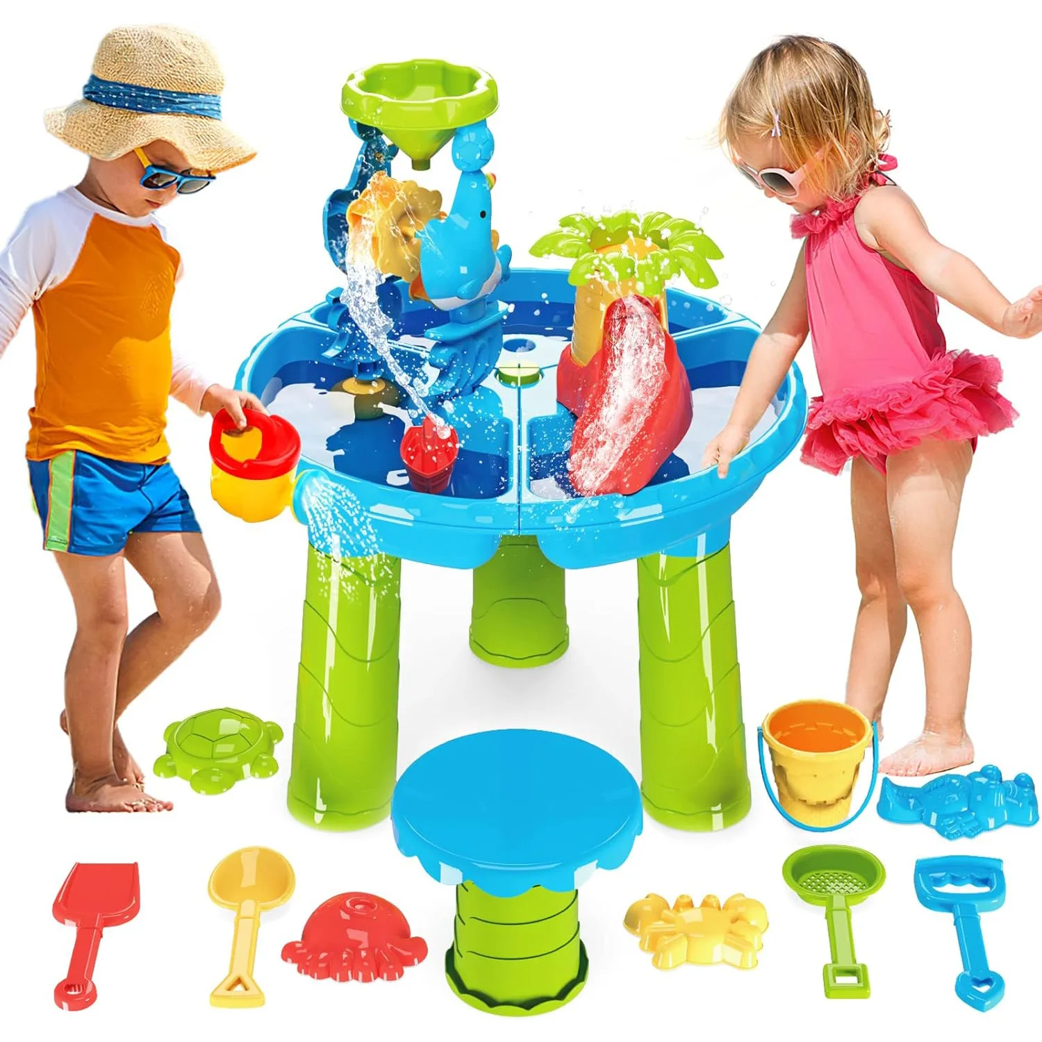 Mesa de arena y agua para niños, juguetes de playa, mesa de arenero para actividades al aire libre, mesa de juego sensorial con rueda de agua de delfín, moldes, arena