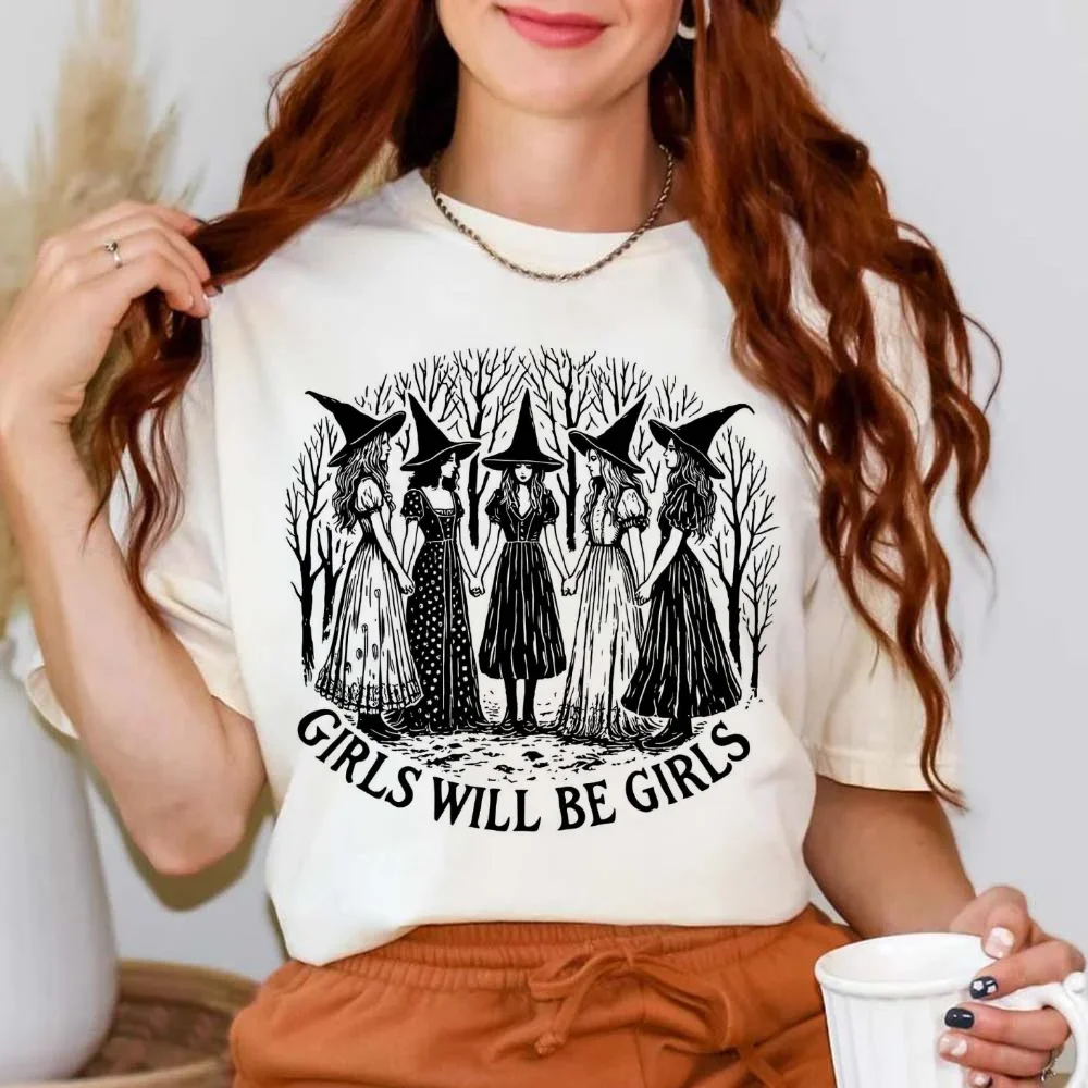 Girls Will Be Girls Witch Feminist Printed Round Neck Retro T-Shirt Casual Short Sleeve Summer Fashion Style Women's T-Shirt Top