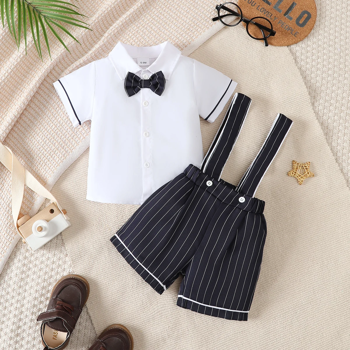 Baby Boys' Little Gentleman Set Lapel Collar Shirt and Striped Strap Pants 2Pcs/Set for 0-3 Year Old Baby Boys' Party Clothing