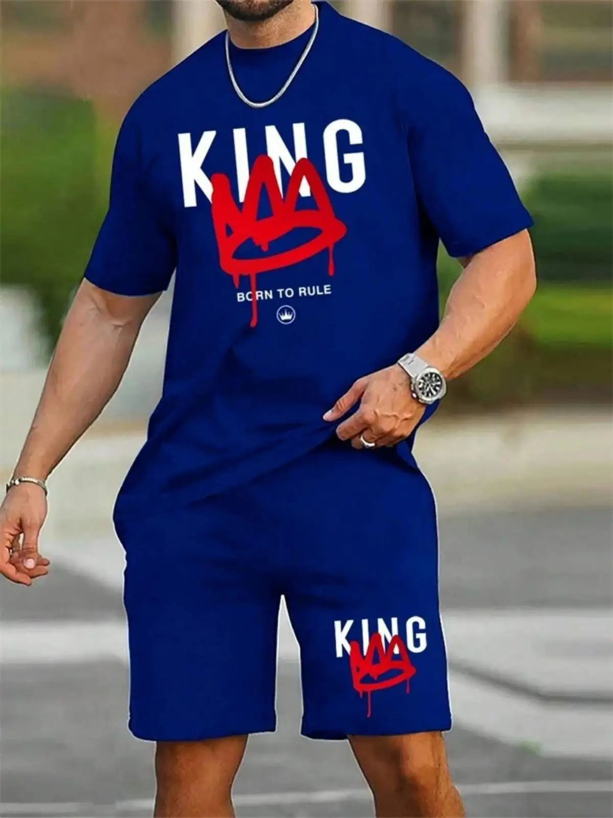 

New men's summer king print soft, comfortable, breathable round neck T-shirt shorts set outdoor casual two-piece set