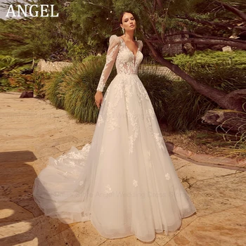 ANGEL-Robe de Mariée en Dentelle, Dos aux, Col en V, Ligne A, Manches sulf, Tulle, Patients, Applique, Bouton Élégant, Éducatif, 2024