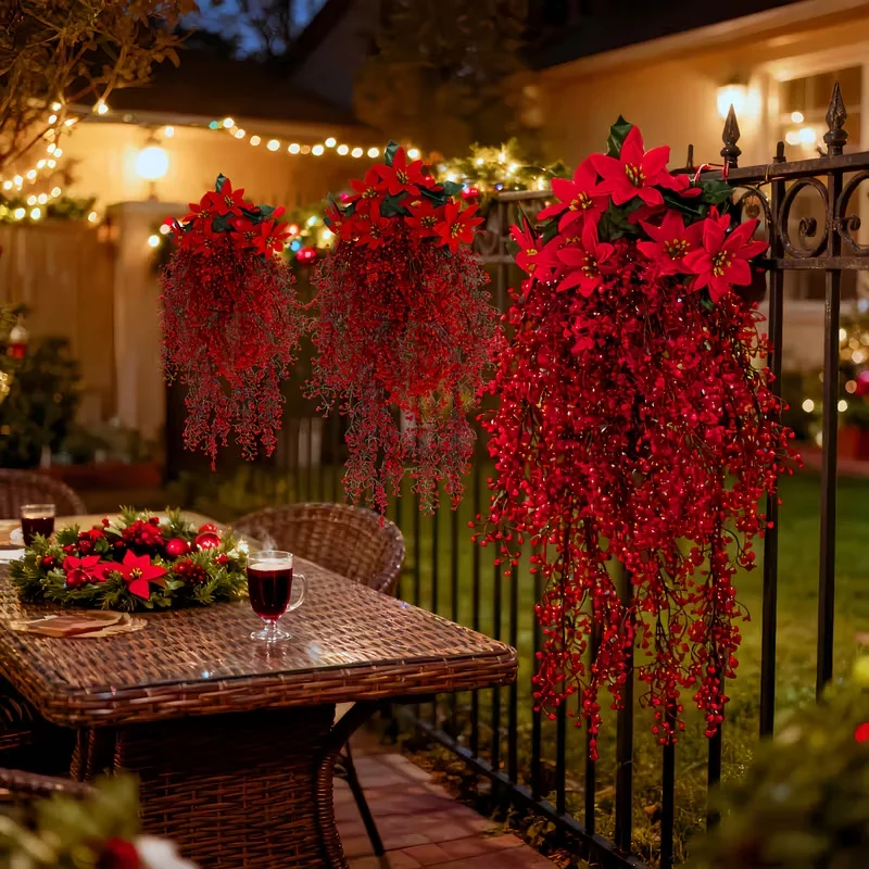 4 قطع من البونسيتة مع مجموعة كرمة الصفصاف الذهبية - زهور محاكاة بلاستيكية مناسبة لجميع الأحوال الجوية وأوراق حمراء لعيد الميلاد في الهواء الطلق #5
