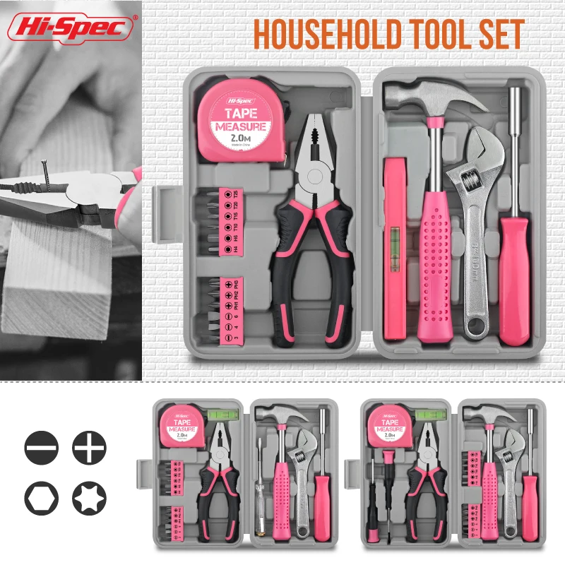 Hi-Spec 17pc Pink Household Tool Set Hand Tool Kit Gril Lady Women Home DIY Gift  Tools With Hammer Pliers Spirit Level