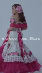 White Pink Mermaid Charro Prom Formal Dresses Off Shoulder 2025 Floral Applique Ruffles Corset Evening Gown vestido fiesta mujer