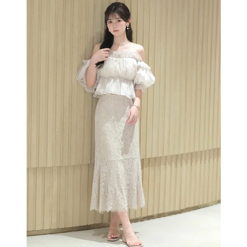 

Gagarich 2025 New High Waisted Lace Fishtail Skirt Women Slim Ruffled Edge Mid Length Elegant Skirts