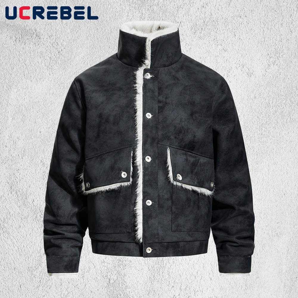 

Retro Pocket PU Leather Padded Jacket Mens Solid Color Winter Thick High Street Lapel Single Breasted Outerwear Man