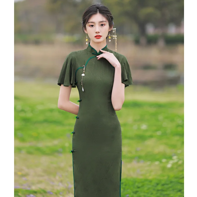 

Women Green Cheongsam Ruffle Short Sleeve Soft Vintage Dress Slim Wedding Costumes Elegant Traditional Qipao S To XXL