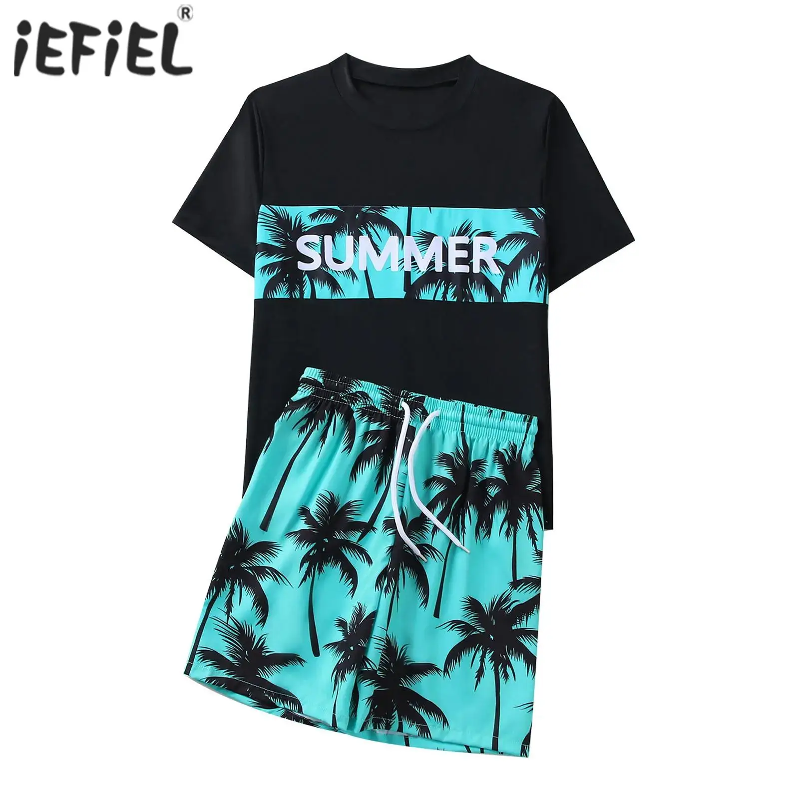 

Kids Boys 2Pcs Swimsuit Coconut Tree Printed Rashguard Sets Round Neck Short Sleeve Top with Drawstring Shorts Bathing Suits