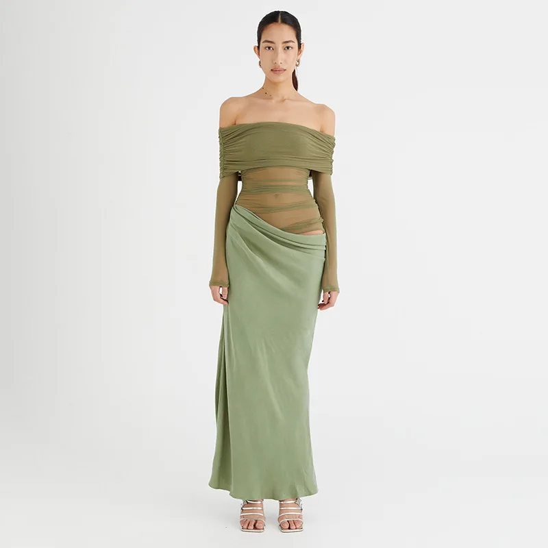 ซาตินเซ็กซี่ Hollow Out ผู้หญิง Maxi ชุดแขนกุดสีดําเอวสูงชุดหญิงฤดูใบไม้ร่วงผอม Elegant Party Clubwear แขนยาว