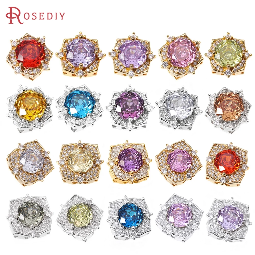 2PCS 18K Gold Color Brass and Zircon Rose Flower Spacer Beads Bracelets High Quality Diy Necklace Jewelry Accessories Making
