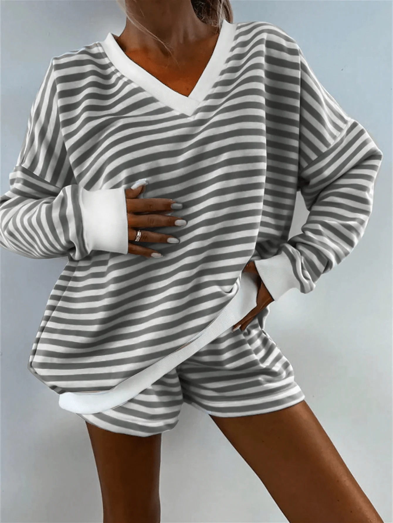 Striped V-Neck Long Sleeve Loose Top And Shorts Set Casual Home Outfit