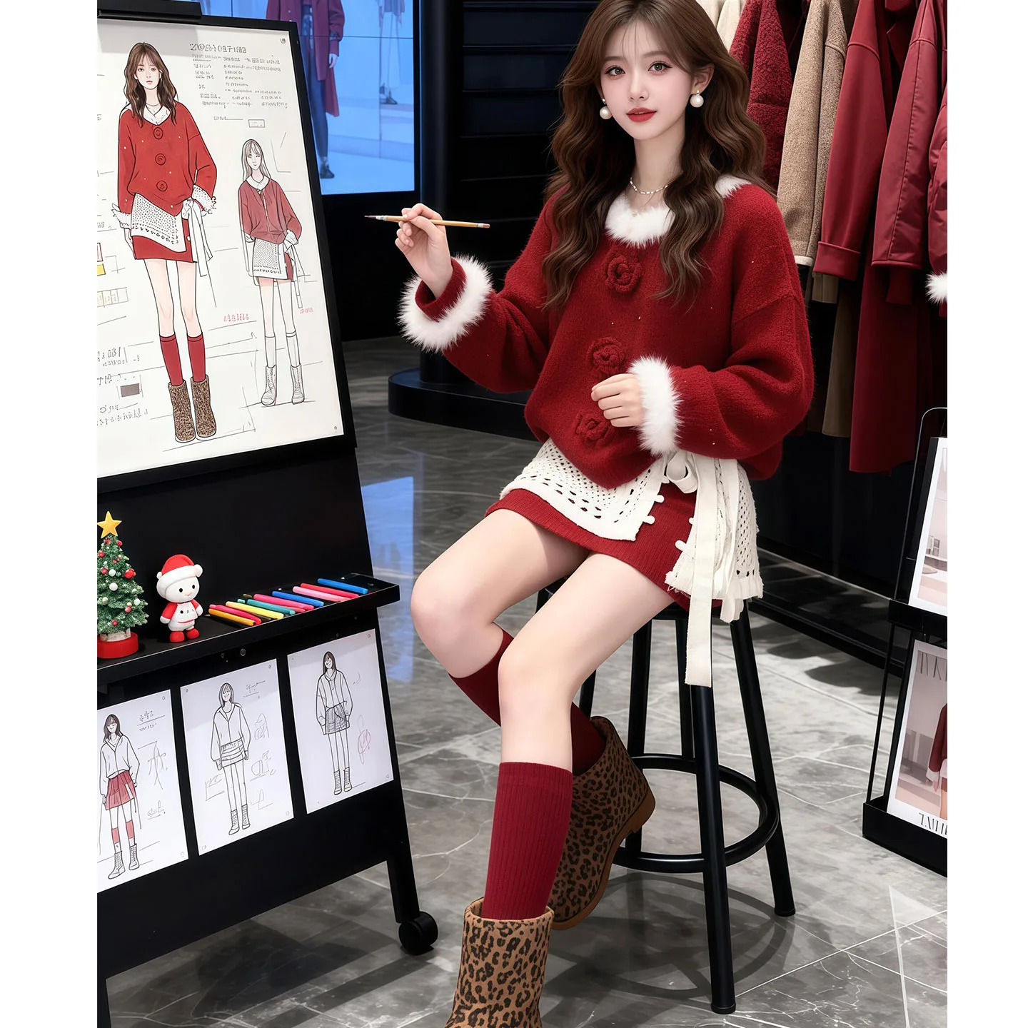 Original High Quality New Year Countdown Red Sweater Skirt Set with Fur Collar Three Piece Women's Casual Sportswear Ensemble