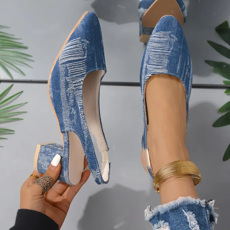 

Обувь 2025 года, новые элегантные женские туфли на каблуке, модные женские туфли на высоком каблуке с пряжкой и ремешком, с острым носком и открытой пяткой