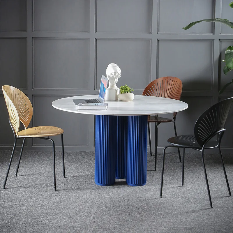 HYS Italian light luxury rock slab round dining table Klein blue three-column pleated base home restaurant small apartment
