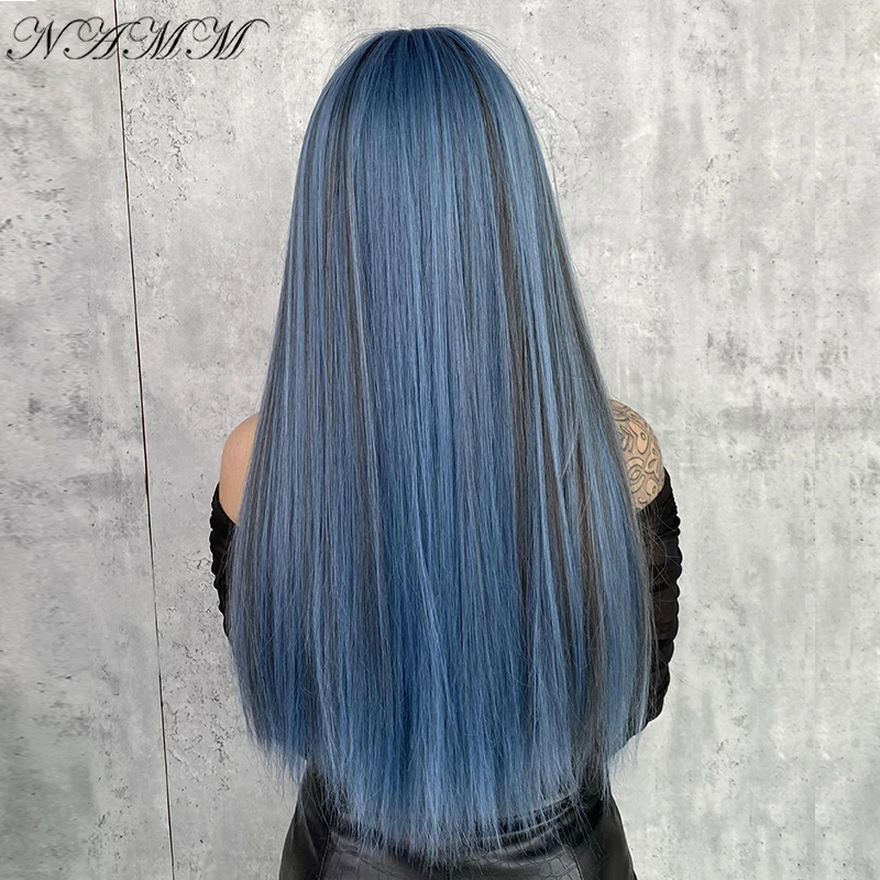 Namm moda feminina perucas sintéticas com franja sereia cor azul longa reta perucas cosplay falso cabelo natural resistente ao calor perucas