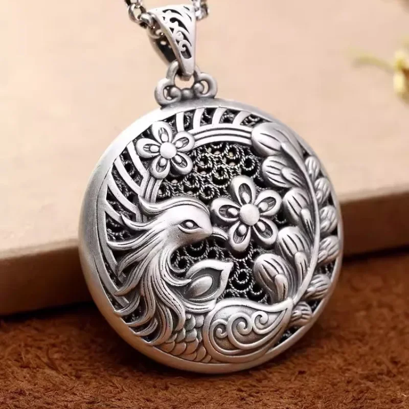 

Classic Glossy Phoenix Flower Pendant Vintage Hollow Out Design Round Chinese Style Necklace for Women 925 Silver Jewelry