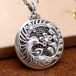 Classic Glossy Phoenix Flower Pendant Vintage Hollow Out Design Round Chinese Style Necklace for Women 925 Silver Jewelry