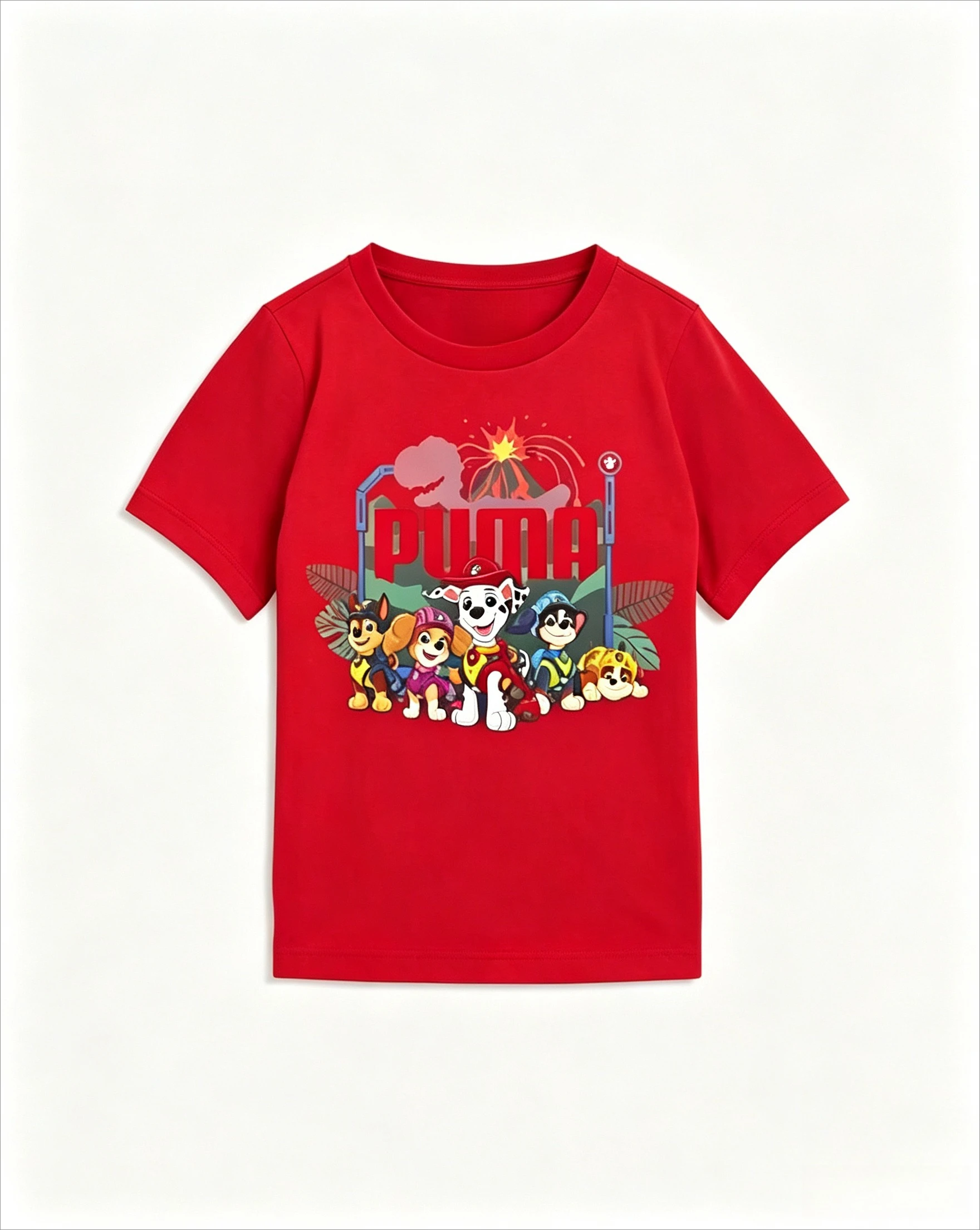 Paw Patrol Kids T-Shirt Dinosaur Volcano Cartoon Dog Pattern Boys and Girls Printed Comfortable, Breathable and Cute