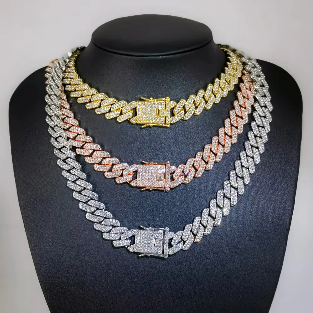 Fashion Men Cuban Link Iced Out Chain Necklace 14MM Rhinestones Chain Rapper CZ Cuban Chain Necklace Hip Hop Jewelry Gift