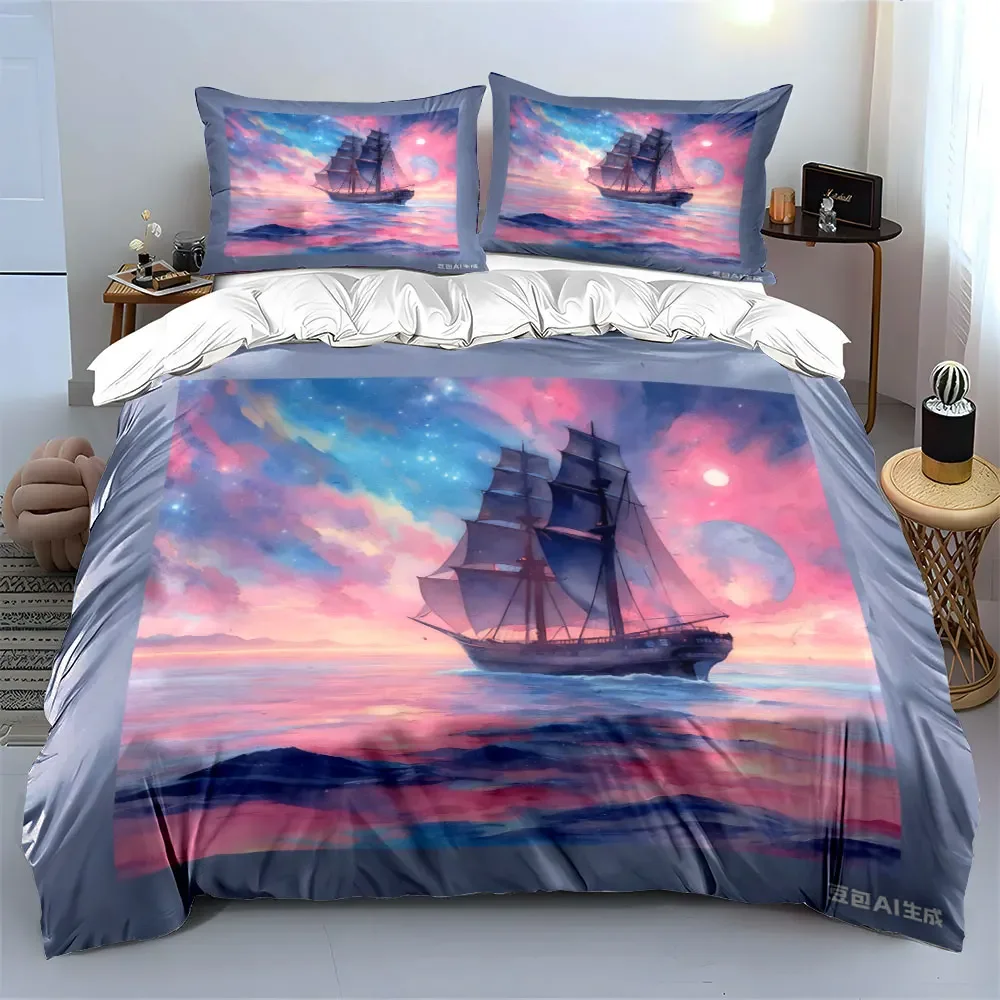 Sailing Ship theme Art 3PC, Multiple sizes kid's and adults' bedroom Exquisite 3PC bedding set, gift