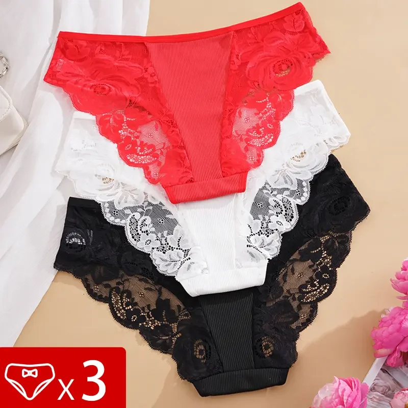 3 шт./упак., сексуальные кружевные женские трусики с низкой талией в рубчик, дышащие, удобные, сексуальное женское белье с цветочным принтом, элегантные женские трусы, нижнее белье