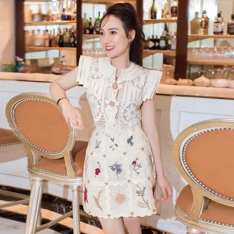 Luxury Embroidery Short Sets Women Lace Flower Tops + High Waisted Skirts Ladies Summer Elegant Vintage Party Sets Spring