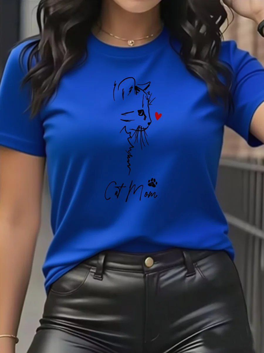 猫ママへの母の日のギフト - かわいい猫ママの漫画プリントが入った女性用カジュアル半袖Tシャツ ホワイト＆ブラックグラフィック