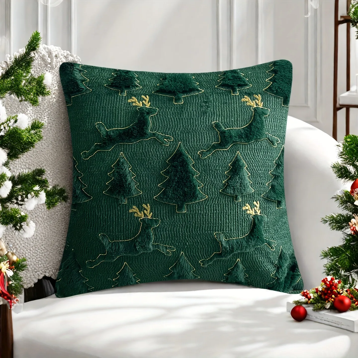 Red Christmas Decoration Pillowcase 18x18 Inches with Golden Strokes Soft Plush Deer & Christmas Tree Jacquard Cushion Cover