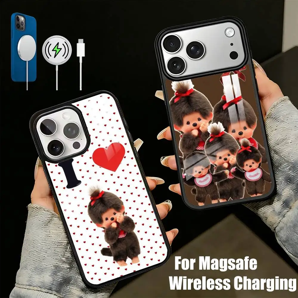 

Плюшевый чехол M-Monchhichi-S для iPhone 17, 16, 15, 14, 13 Plus, Pro Max с магнитной фиксацией для беспроводной зарядки MagSafe