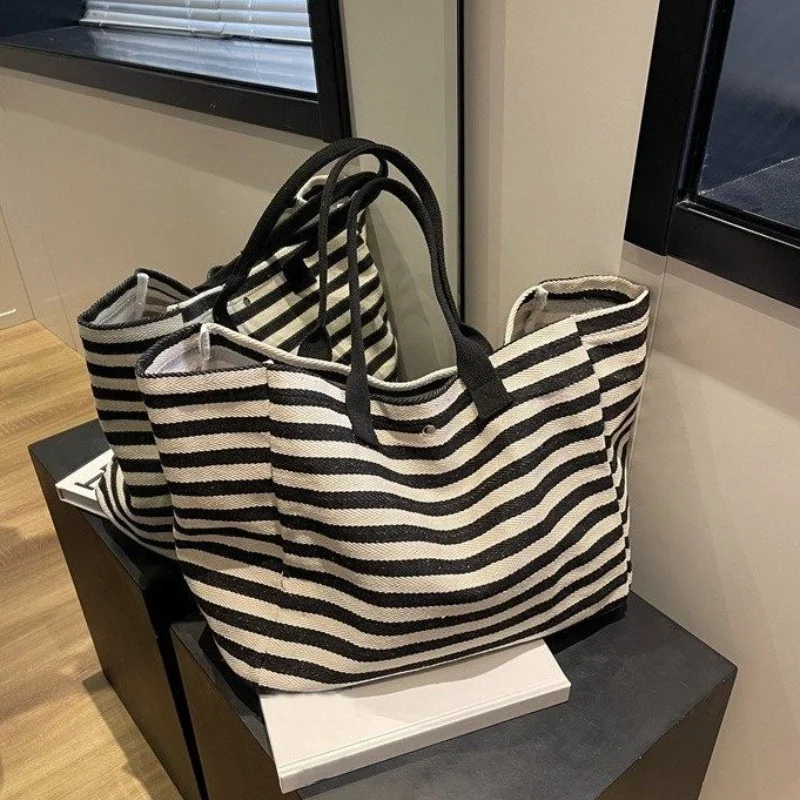Lässige gestreifte Canvas-Tasche für Damen, große Kapazität, Umhängetasche, tägliche Einkaufstaschen, Studenten-Büchertasche für Schule, Reisen, Strandtasche
