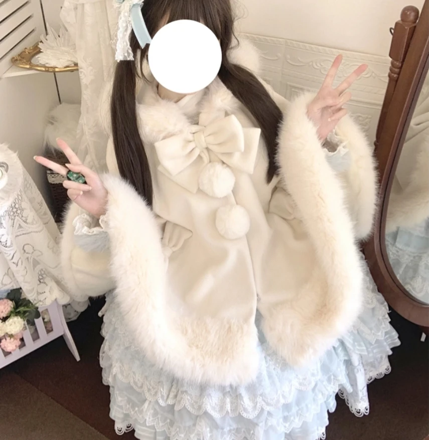 

Original New Winter Lolita Thickened Warm Furry Hooded Cloak Girls Women's Cute Bow Plush Fleece Poncho Jacket Cape Coat