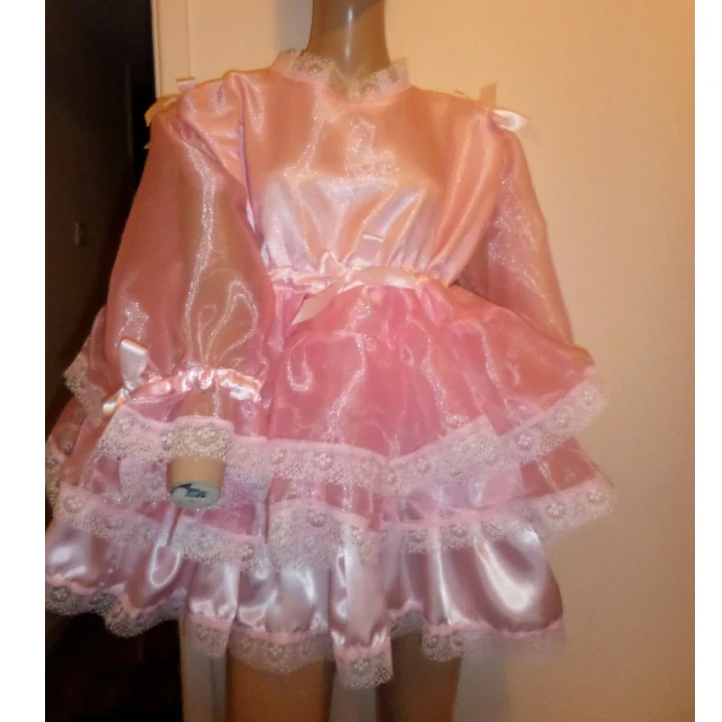 ABDL Adult Sissy Pink Satin Organza Dress Lace Bow Ruffle Sleeves Dress Princess Soft Silky Fluffy Cake Skirt COS Maid Dress