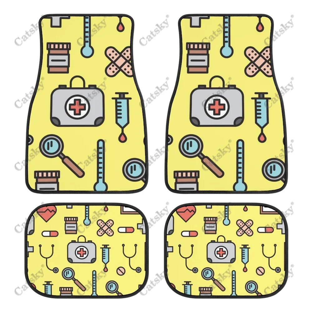 Nurse medical equipment cartoon Car Floor Mats 4 Piece Set Interior Accessories Dirt Resistant Printed Front/Rear Car Carpet