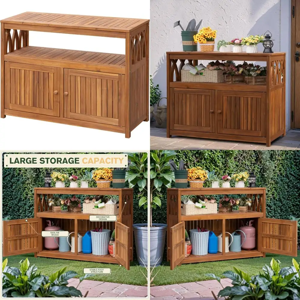 Двухуровневый уличный шкаф для хранения из дерева акации с магнитными дверями для сада, пикника, шведского стола, подставки под телевизор и использования в барном столе