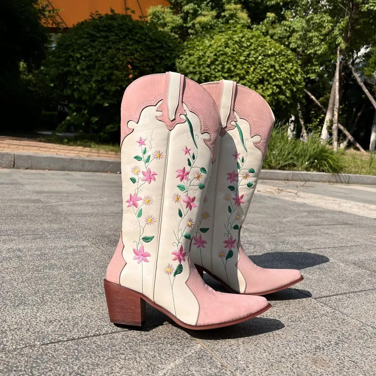 Embroider Santiag Spring White Pink Pointed Toe Texana Women Western Cowboy Ankle Boots Ladies Shoes On Offer Women Boots