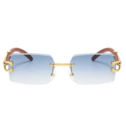 Classic Vintage Rimless Square Leopard Head Sunglasses Women Men Fashion Luxury Brand Designer Travel Wooden Metal Sun Glasses