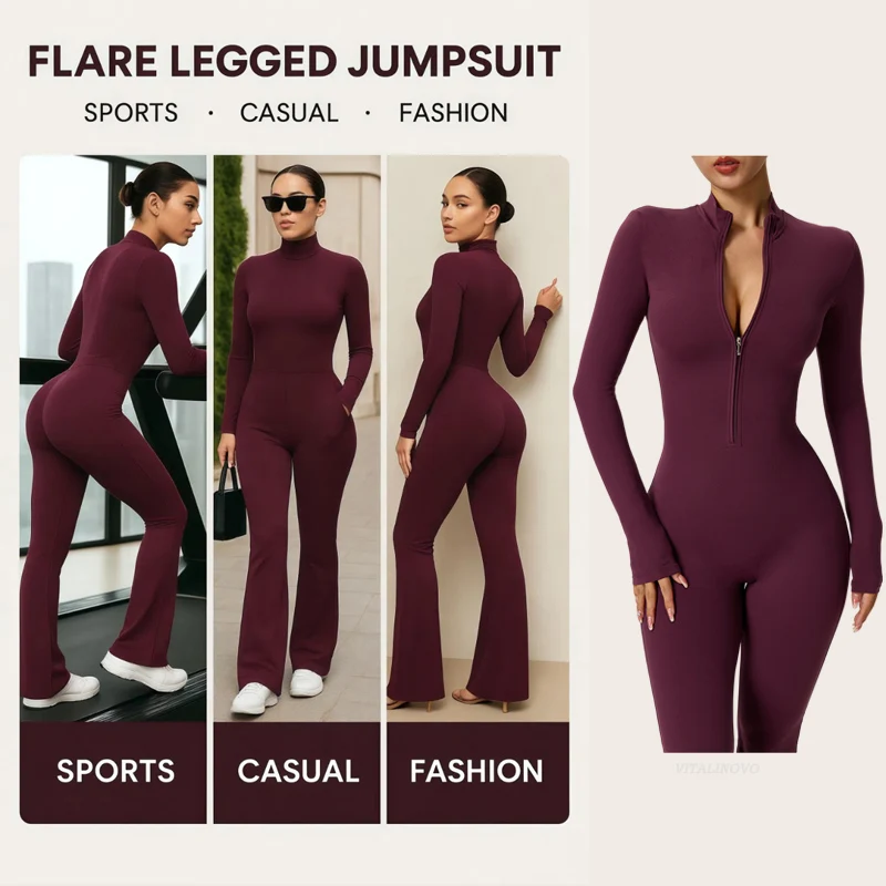 VITALINOVO Damen-Overall mit langen Ärmeln, Flare-Workout-Overall, Reißverschluss, Strampler, Hose, weites Bein, Ganzkörper-Body, figurbetont, einteilig – Detail 14