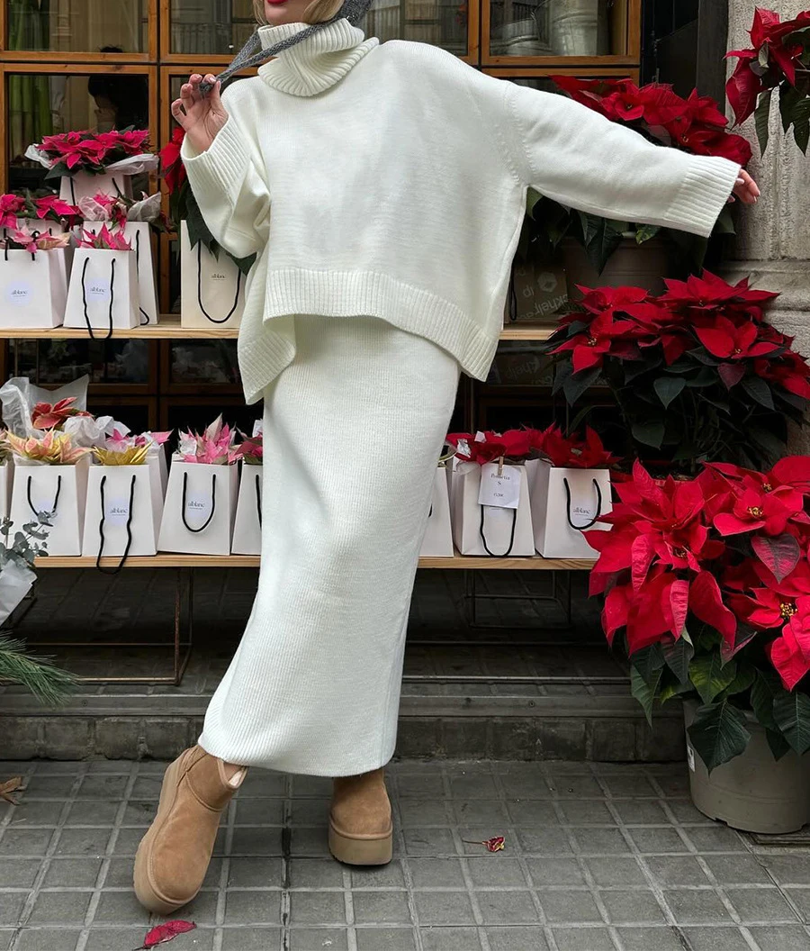 

Женская вязаная водолазка, свитер, юбка, комплект из 2 предметов, осень-зима 2025 г., свободный однотонный вязаный наряд, повседневный теплый костюм