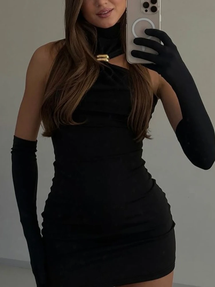 Letnia sukienka mini w stylu euroamerykańskim na lato 2025, obcisła, dopasowana, z wysokim stanem, bez rękawów, seksowna, modna.