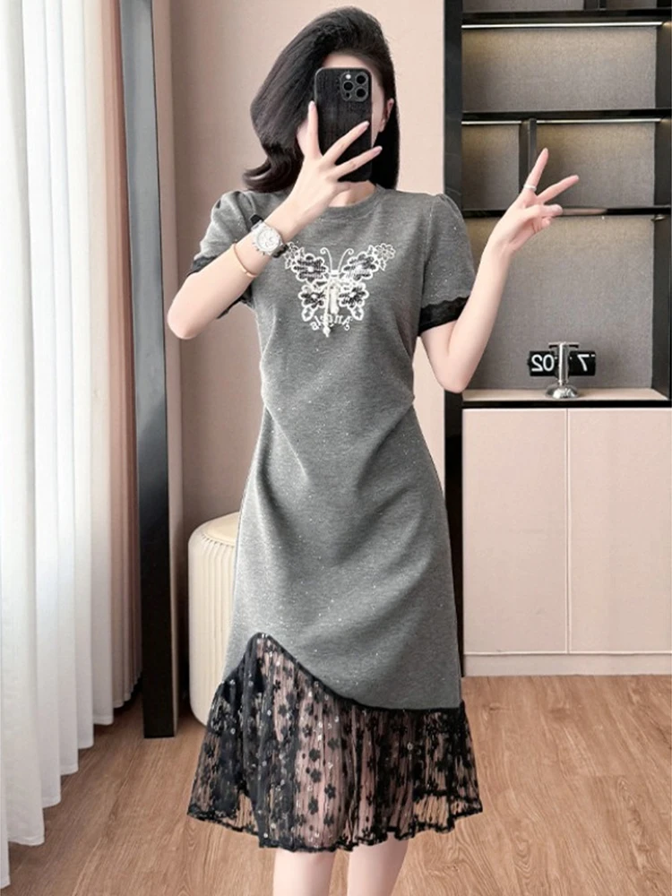 Large size light luxury butterfly lace patchwork heavy industry T-shirt skirt fat mm summer pleated slimming casual dress