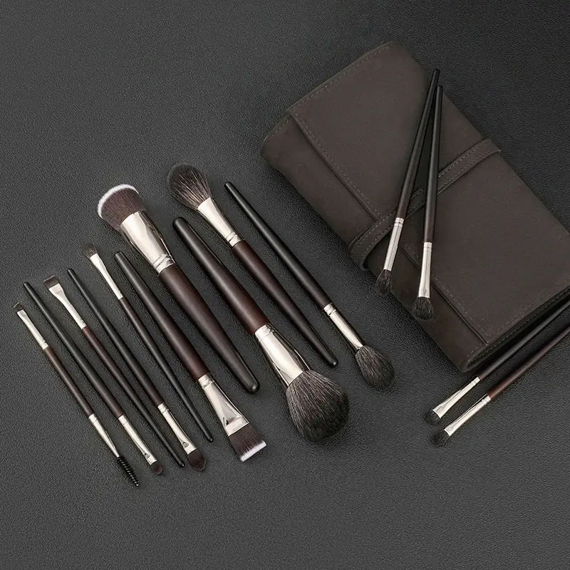 Goat Hair Makeup Brush Set 15 Pieces Including Powder Eyeshadow And Eyebrow Brushes With PU Case For Salon And Home