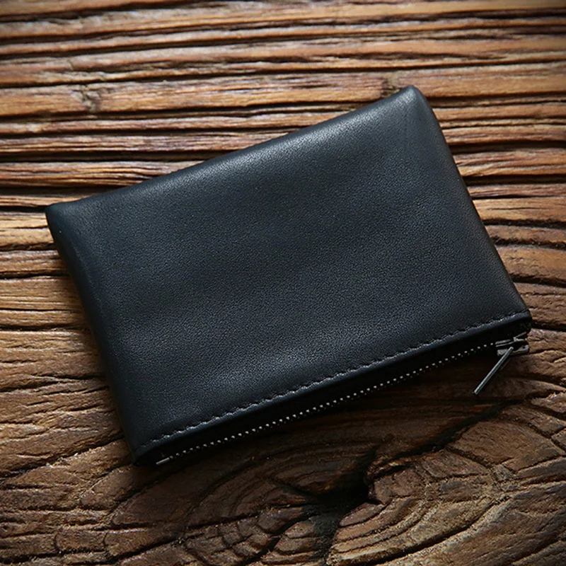 Porte-monnaie en cuir de vachette 100% véritable pour homme, vintage, business, court, mini, mince, fermeture éclair, portefeuille, porte-cartes, étui, poudres