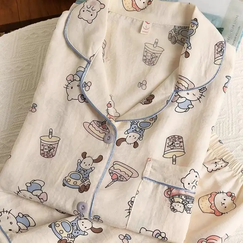 

New Autumn Kitty Pajama Sets for Women Faux Cotton Outfits for Women Soft Lapel Cardigan 2 Piece Set Sweet Cute Women Pajama