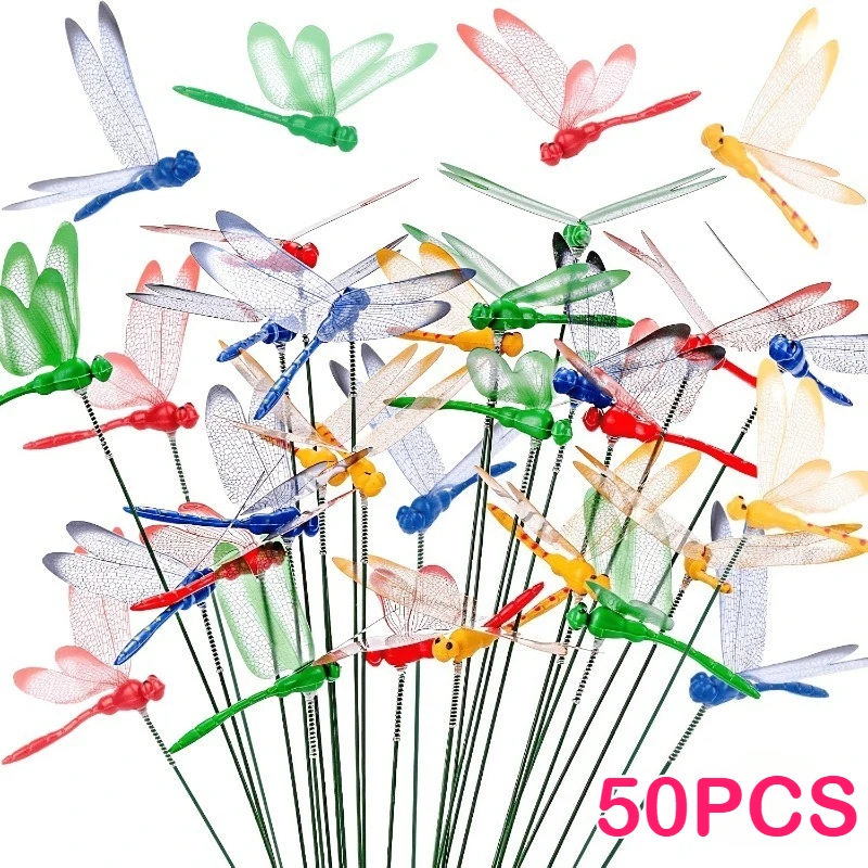 50pcs Colorful Dragonfly Garden Piles Decorative Dragonfly Ornaments for Outdoor Gardens and Indoor Flower Pots Vivid Simulation