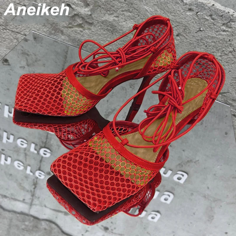 Aneikeh 2024 Summer Sexy Mesh Pumps Sandals Female Square Toe High Heel Lace Up Cross-Tied Stiletto Hollow Dress Party Shoes