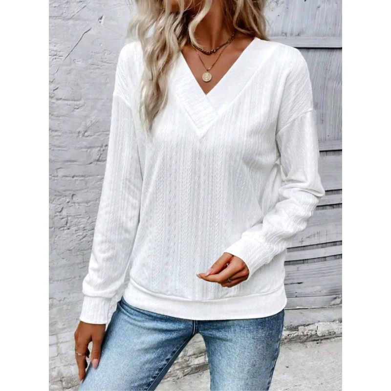 

Плюс размер 1XL-5XL, женские модные однотонные топы с v-образным вырезом, повседневная удобная толстовка с длинными рукавами и заниженными плечами