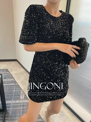 Sequin Short Sleeve Evening Dress Y2K Women Clothing 2024 Summer Fashion Korean Style New Elegant Vintage Party Luxury Sexy Chic