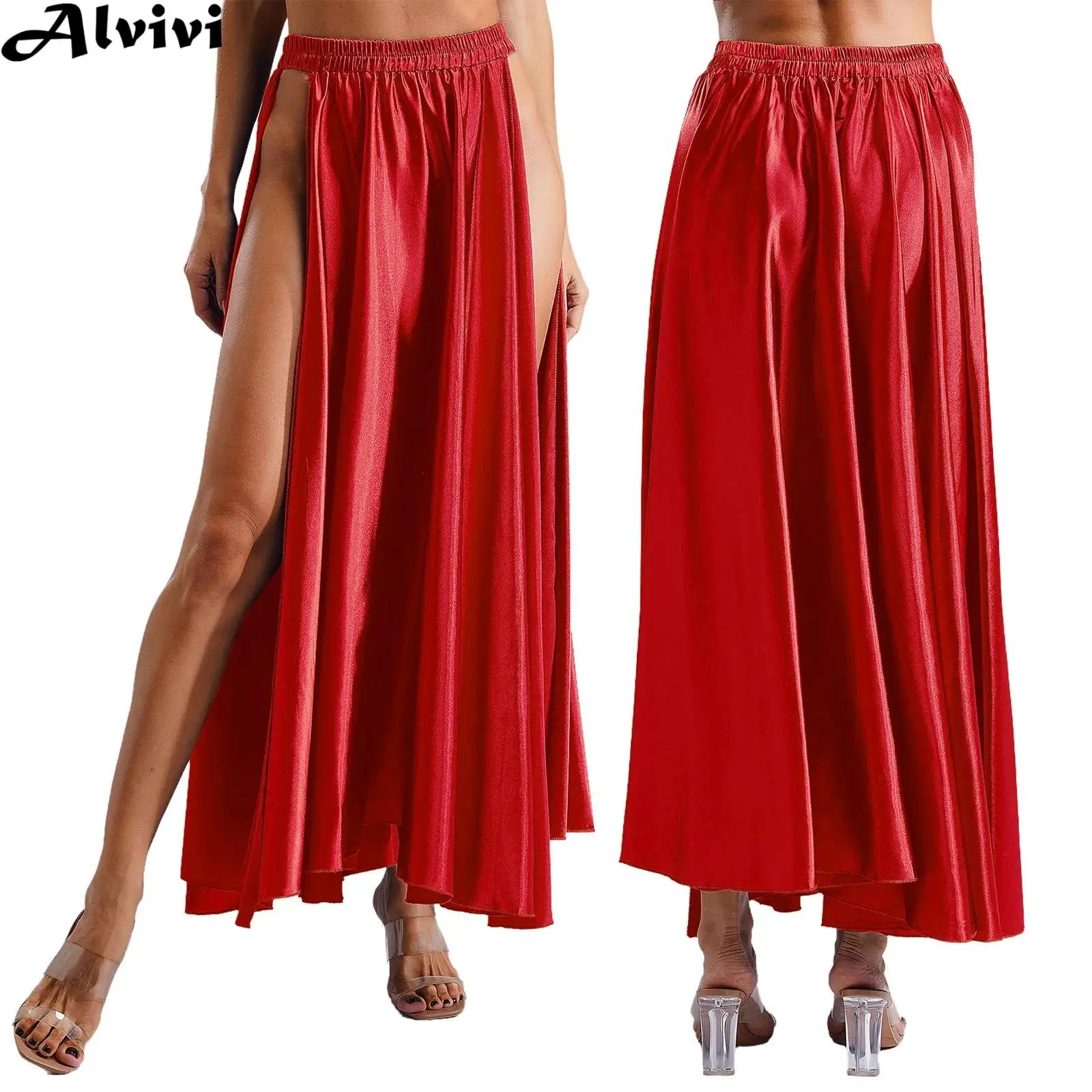 Women Modern Lyrical Dance Spanish Paso Doble Performance Costume Side Slit Satin Swing Maxi Skirt for Flamenco Ballroom Bomba