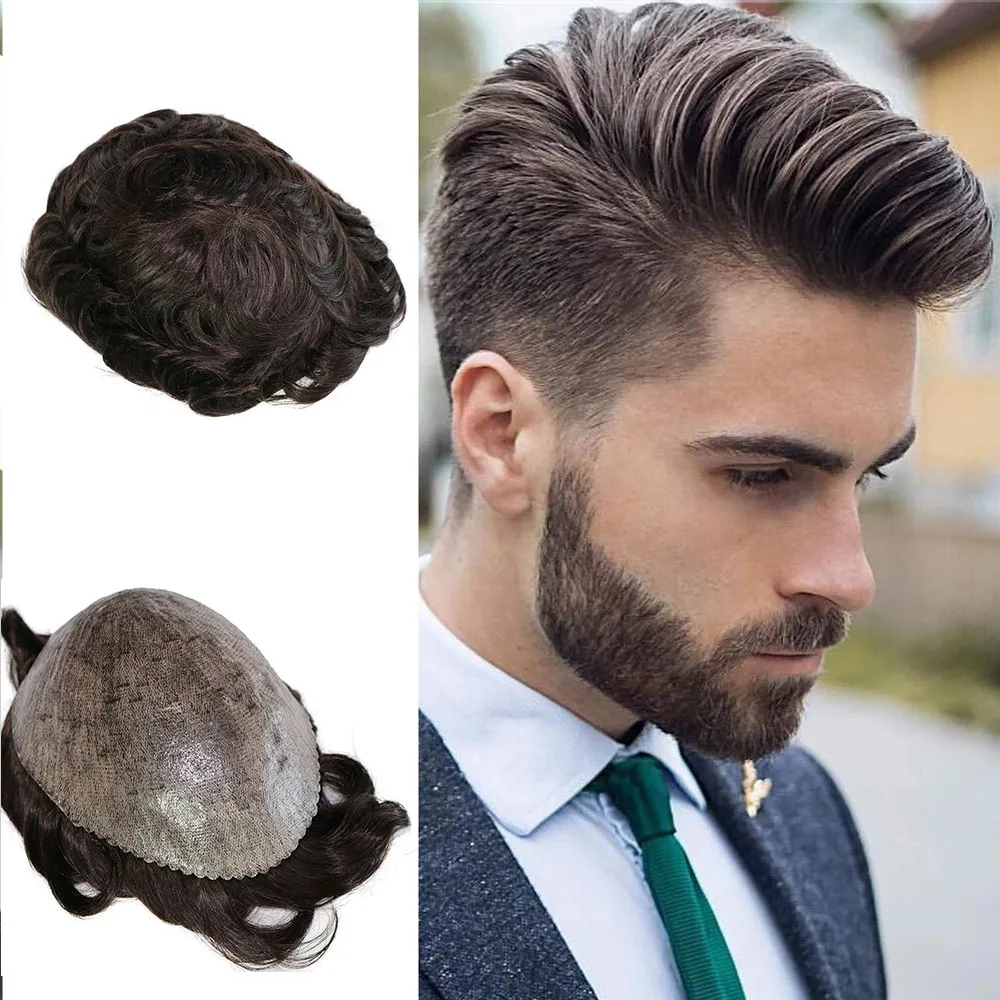 Toupet de cheveux humains ondulés pour hommes, postiches de remplacement pour hommes, délié avant naturel, peau complète durable, base en PU, noir, document